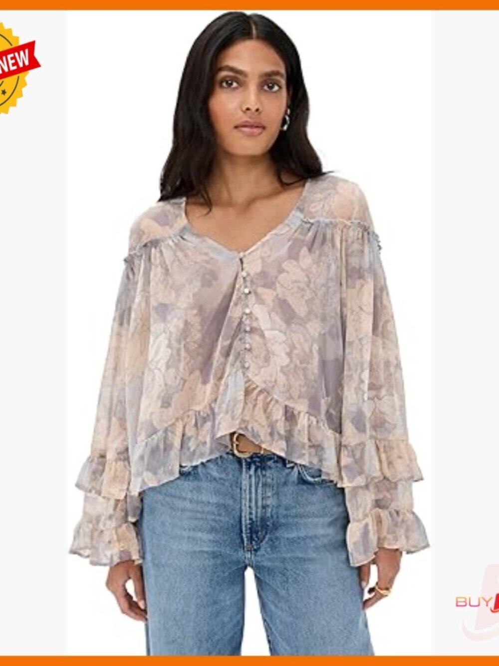 Oversized Button Down Shirt, Floral Print, Long Sleeve, Peasant Top
